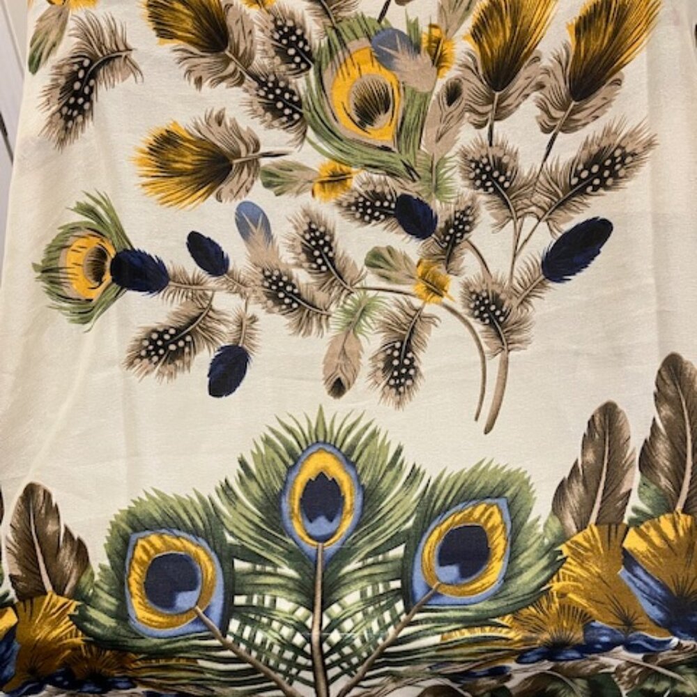 Extra large peacock floral print 100% silk scarf.